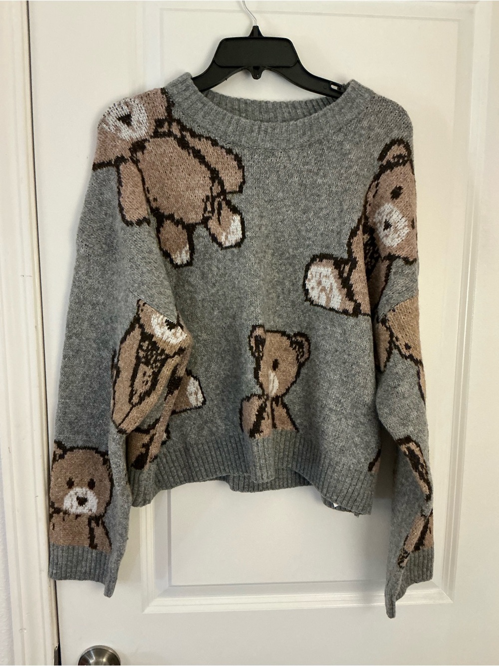 true ♡ Teddy Bear Jacquard Knit Sweater Gray Size M Crewneck All Over Print